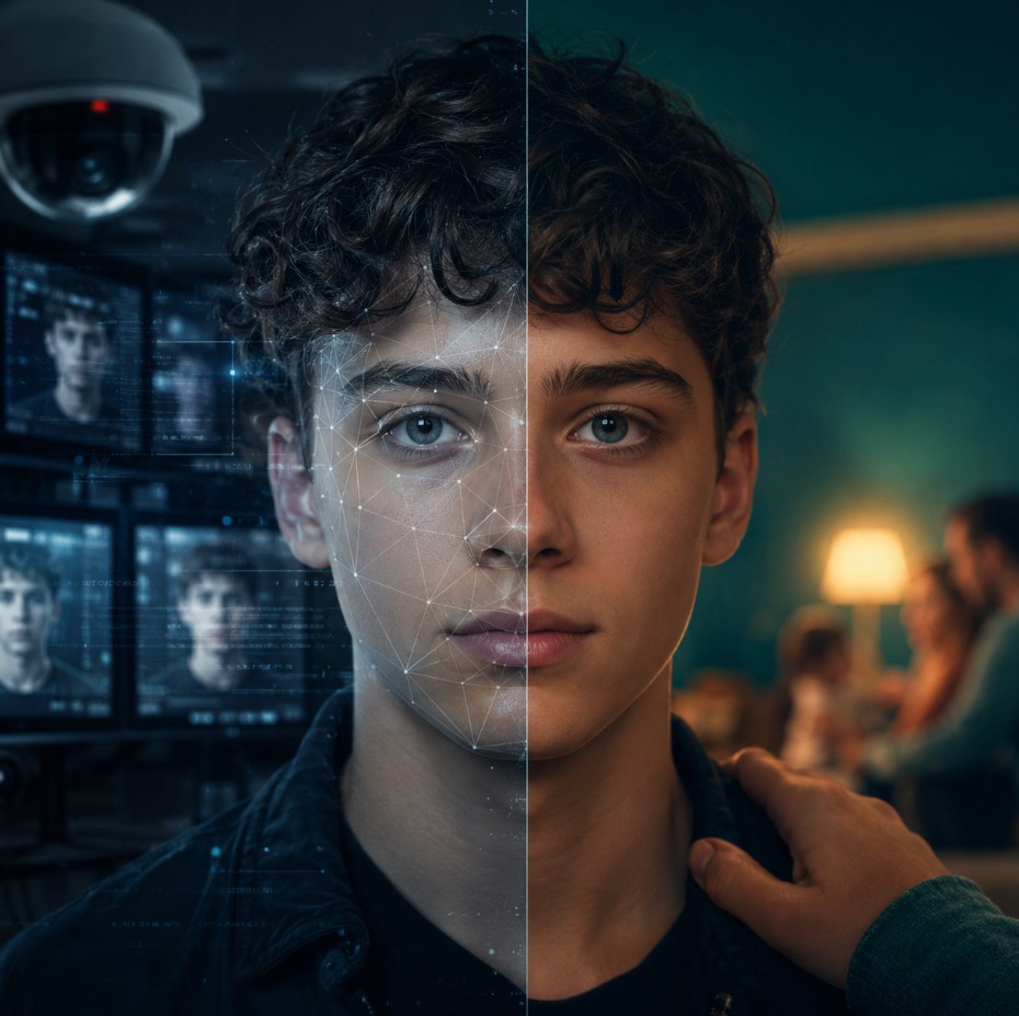Is facial recognition safe: a street surveillance camera on one side and a person choosing to use face recognition on their own phone on the other.