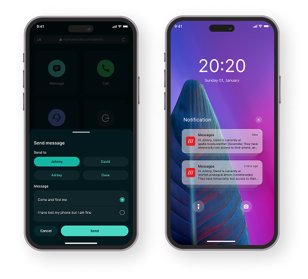 My Home Call message screen and a parent's notification showing a what3words location