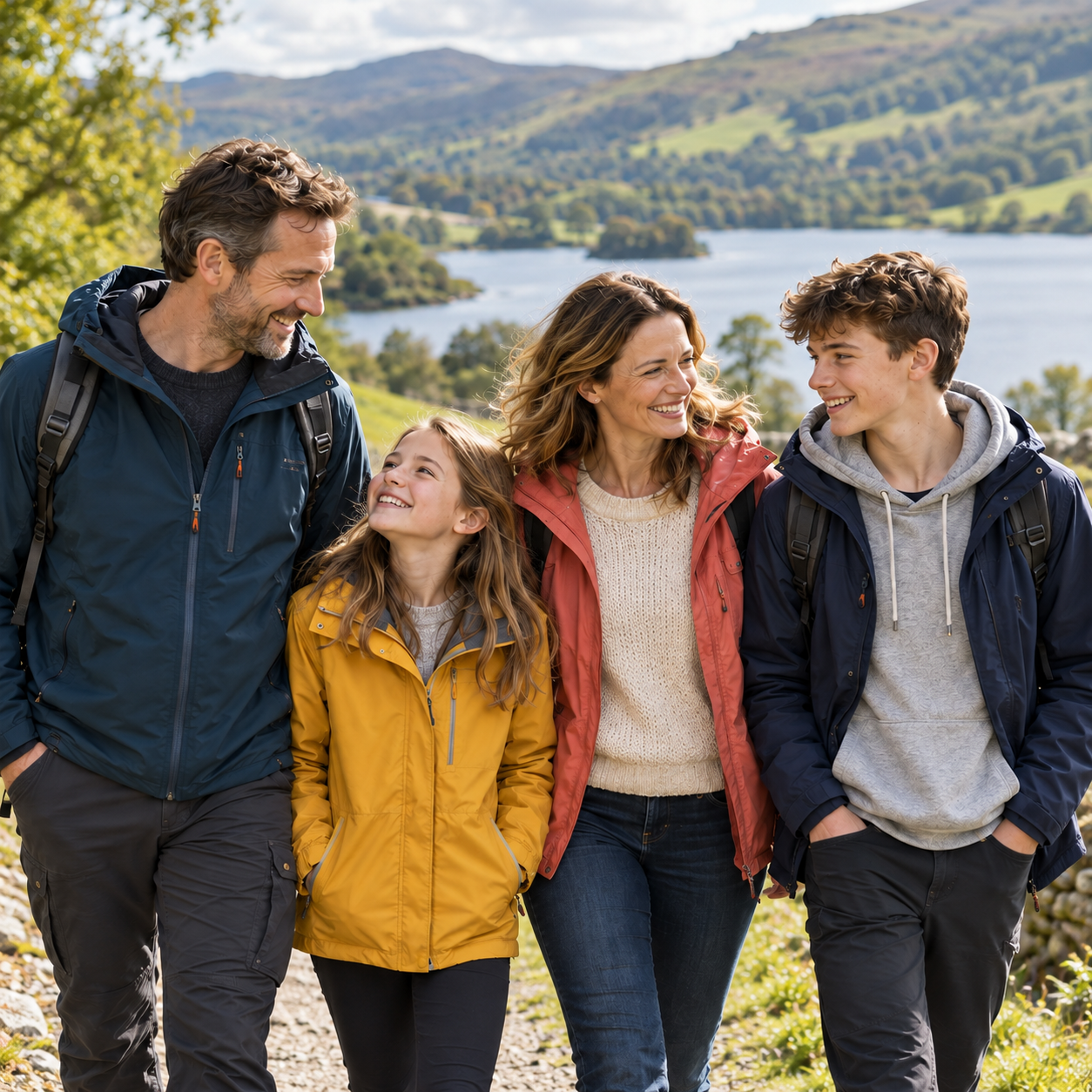 Parents and two children enjoying a countryside walk together.