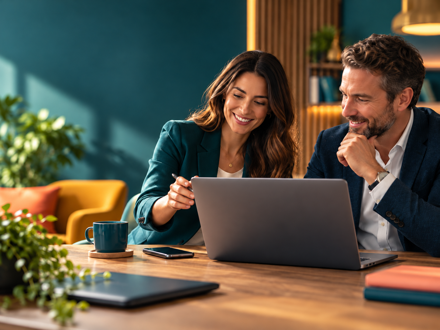 Two professionals reviewing a laptop at a table