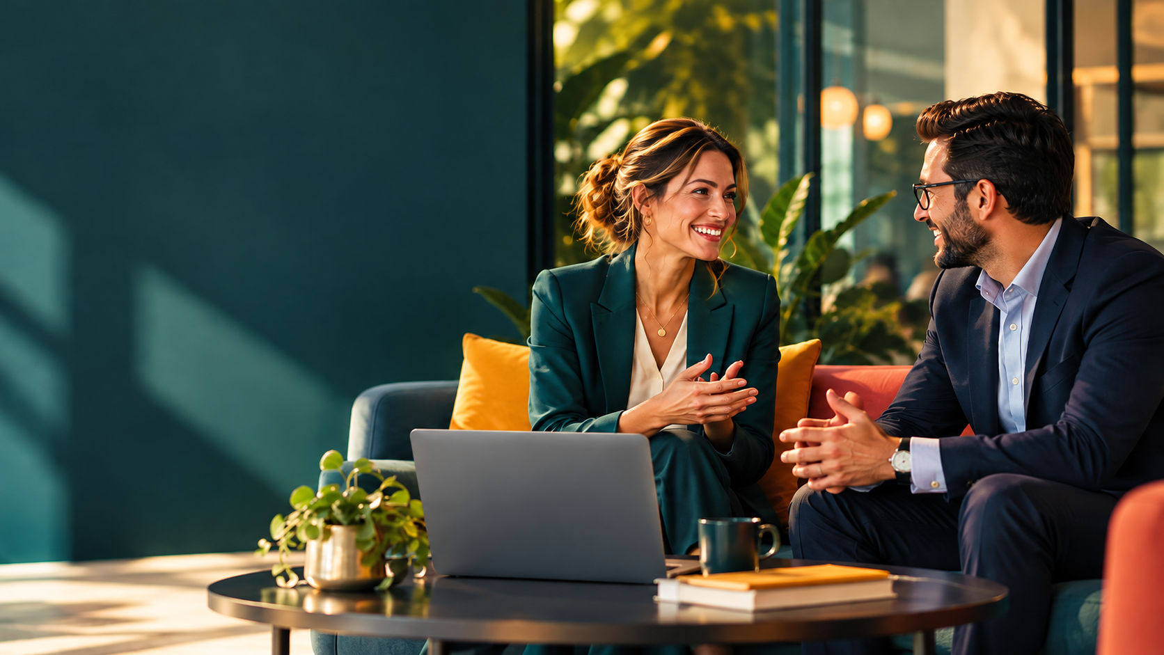 Two professionals talking on a sofa