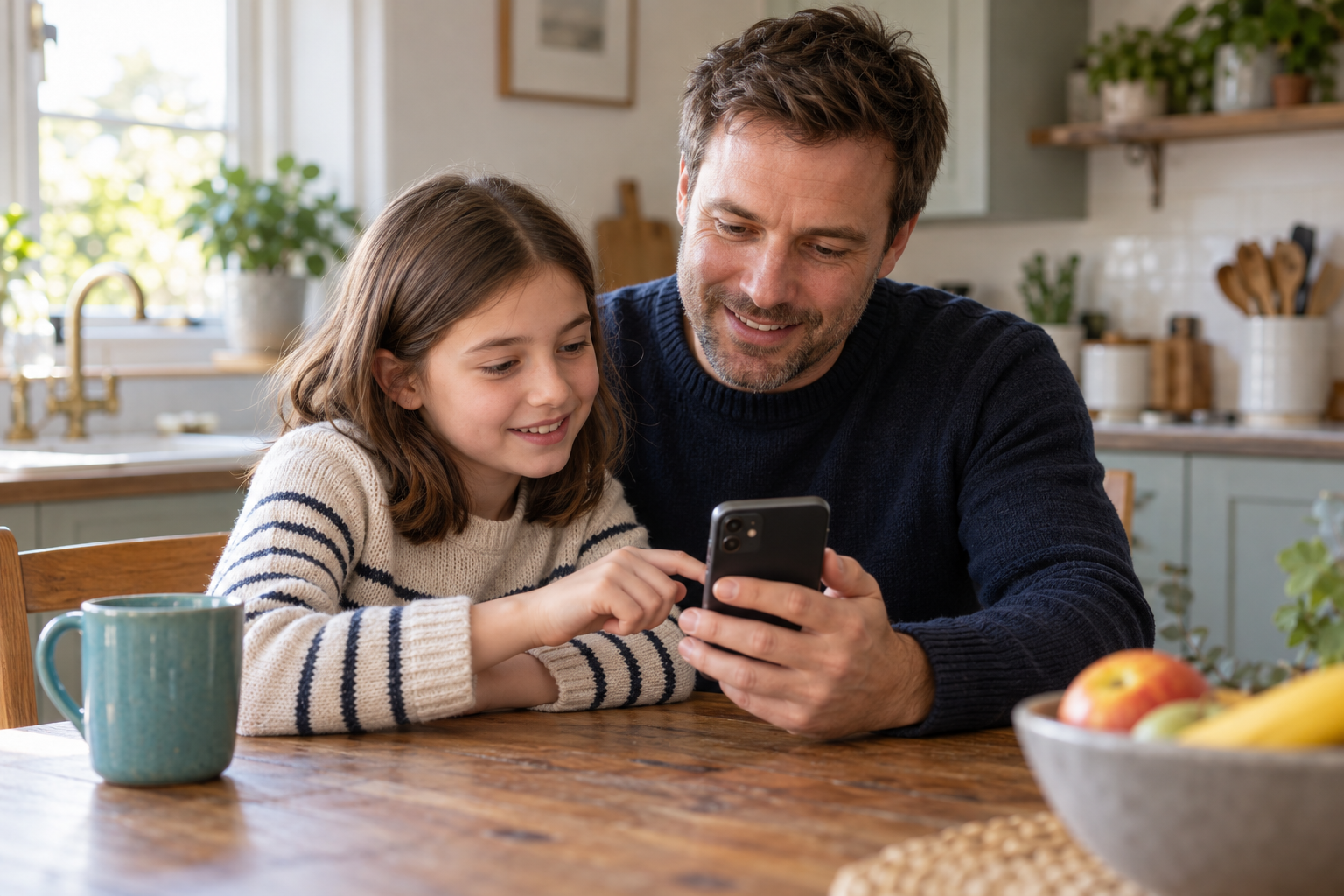 Parent and child setting up on a smartphone