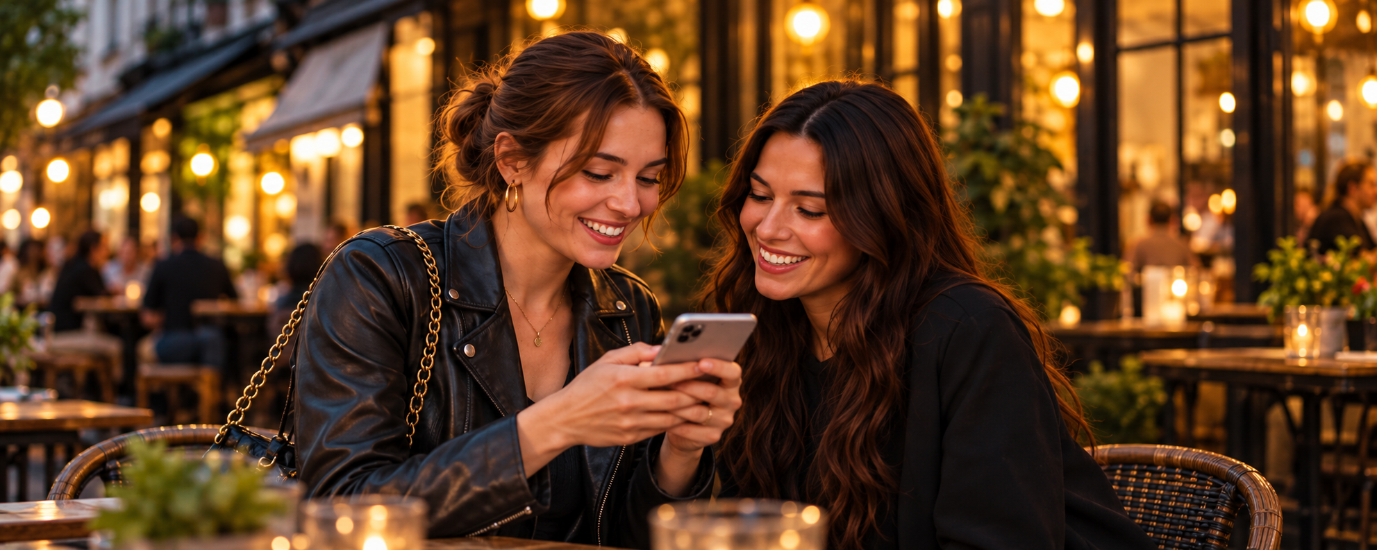 Two friends sharing a smartphone on a night out.